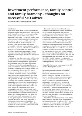 Investment performance, family control and family harmony - thoughts on successful SFO advice