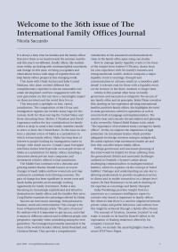 Welcome to the 36th issue of The International Family Offices Journal